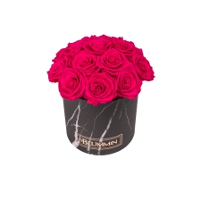  BOUQUET WITH 15 ROSES - MEDIUM BLUMMIN BLACK MARBLE BOX WITH HOT PINK ROSES