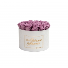 -20% ЛЮБИМОЙ МАМОЧКЕ - LARGE (17 ROSES) WHITE VELVET BOX WITH LILAC ROSES