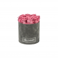 MEDIUM DARK GREY VELVET BOX WITH VINTAGE PINK ROSES