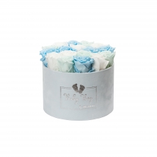 BABY BOY - LARGE LIGHT BLUE VELVET BOX WITH MIX (WHITE, BABY BLUE, MINT) ROSES