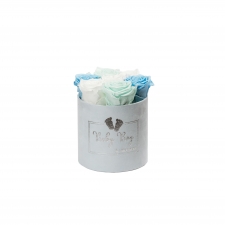 BABY BOY - SMALL LIGHT BLUE VELVET BOX WITH MIX (WHITE, BABY BLUE, MINT) ROSES