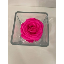 GLASS VASE WITH HOT PINK ROSE AND CRYSTALS (10x10 cm)