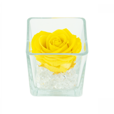 GLASS VASE WITH BRIGHT YELLOW ROSE AND CRYSTALS (10x10 cm)
