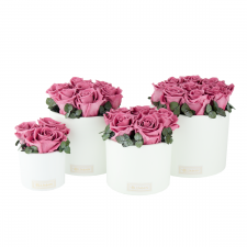WHITE CERAMIC POT WITH VINTAGE PINK ROSES AND EUCALYPTUS