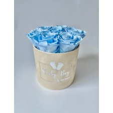 BABY BOY - SMALL LIGHT BLUE VELVET BOX WITH MIX (WHITE, BABY BLUE, MINT) ROSES