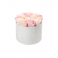 LARGE BLUMMIN  WHITE VELVET BOX WITH MIX (ICE PINK, PEACHY PINK, BRIDAL PINK) ROSES