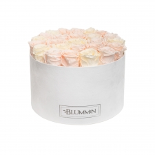 EXTRA LARGE BLUMMiN WHITE VELVET BOX WITH MIX (ICE PINK, PEACHY PINK, CHAMPAGNE) ROSES