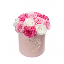  BOUQUET WITH 15 ROSES - MEDIUM LOVE LIGHT PINK VELVET BOX WITH MIX (BABY PINK, BRIDAL PINK, WHITE) ROSES