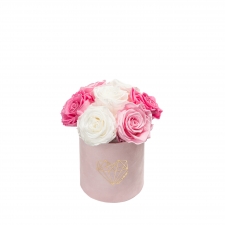BOUQUET WITH 7 ROSES - MIDI LOVE LIGHT PINK VELVET BOX WITH MIX (BABY PINK, BRIDAL PINK, WHITE) ROSES