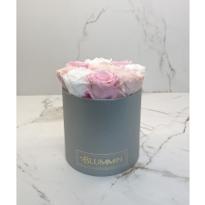 MEDIUM BLUMMIN LIGHT GREY BOX WITH MIX (ICE PINK, BRIDAL PINK, WHITE) ROSES