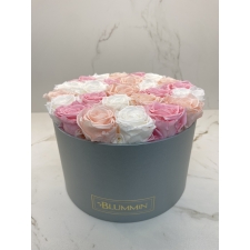 LARGE BLUMMIN CREAMY BOX WITH MIX (BABY LILLY, BRIDAL PINK, CHAMPAGNE) ROSES