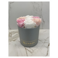 SMALL BLUMMIN LIGHT GREY BOX WITH MIX (ICE PINK, BRIDAL PINK, WHITE) ROSES