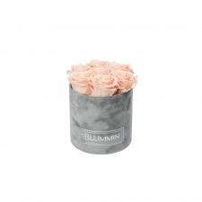 SMALL VELVET LIGHT GREY BOX WITH PEACHY PINK ROSES