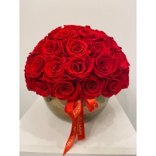 BRONZE CERAMIC POT WITH 35-37 VIBRANT RED ROSES