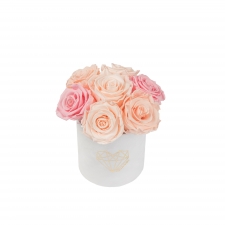 BOUQUET WITH 7 ROSES - MIDI LOVE WHITE VELVET BOX WITH MIX (ICE PINK, PEACHY PINK, BRIDAL PINK) ROSES