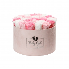BABY GIRL - LIGHT PINK VELVET BOX WITH 25 MIX ROSES