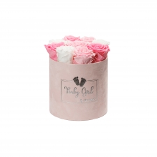 BABY GIRL - LIGHT PINK VELVET BOX WITH 9 MIX ROSES