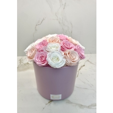 BOUQUET WITH 23 ROSES - PINK CERAMIC POT WITH MIX (ICE PINK, BRIDAL PINK, WHITE) ROSES