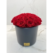 BOUQUET WITH 23 ROSES - DARK GREY CERAMIC POT WITH VIBRANT RED ROSES