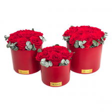 RED CERAMIC POT WITH VIBRANT RED ROSES AND EUCALYPTUS