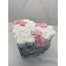 MARBLE FLOWER BOX WITH 17 WHITE ROSES AND DRYED HYDRANGEA