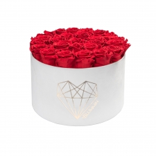 EXTRA LARGE LOVE WHITE VELVET BOX WITH VIBRANT RED ROSES