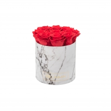 MEDIUM WHITE MARBLE BOX WITH VIBRANT RED ROSES