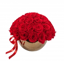 BRONZE CERAMIC POT WITH 35-37 VIBRANT RED ROSES