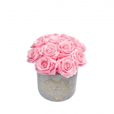  BOUQUET WITH 11 ROSES - SMALL LOVE LIGHT GREY VELVET BOX WITH BRIDAL PINK ROSES