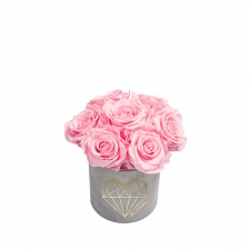 BOUQUET WITH 7 ROSES - MIDI LOVE LIGHT GREY VELVET BOX WITH BRIDAL PINK ROSES
