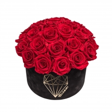 BOUQUET WITH 25 ROSES - LARGE LOVE BLACK VELVET BOX WITH VIBRANT RED ROSES
