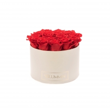 LARGE BLUMMIN CREAM WHITE BOX WITH VIBRANT RED ROSES