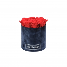 MEDIUM DARK BLUE VELVET BOX WITH VIBRANT RED ROSES