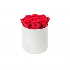 MEDIUM WHITE VELVET BOX WITH VIBRANT RED ROSES