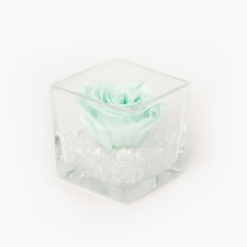 GLASS VASE WITH MINT ROSE AND CRYSTALS